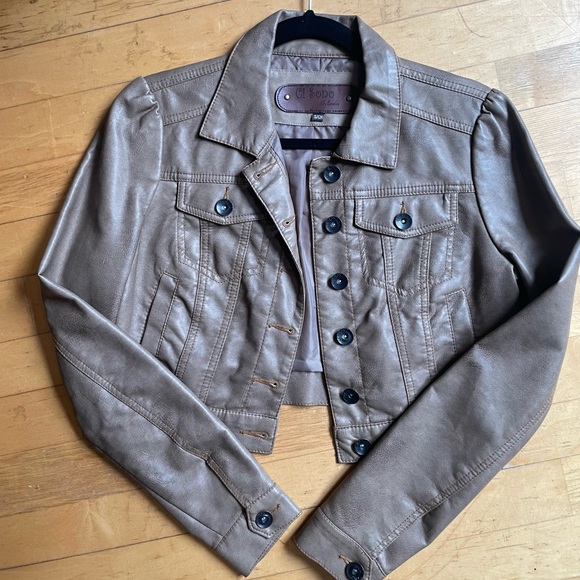 Cropped Brown Faux Leather Jacket - Womens Size Small - Picture 3 of 6